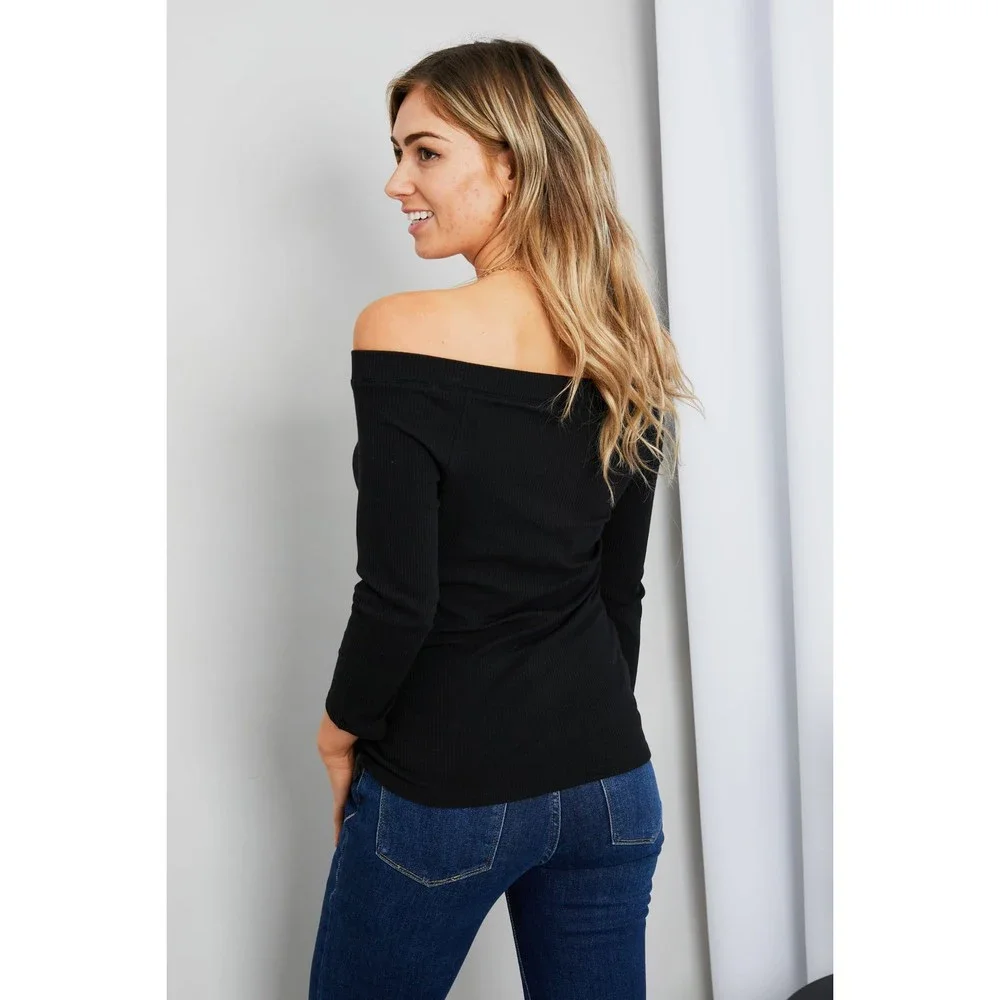 Culture Code Buttoned Off-Shoulder Ribbed Top - Picture 2 of 7